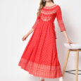 Red Printed Anarkali Straight Kurta