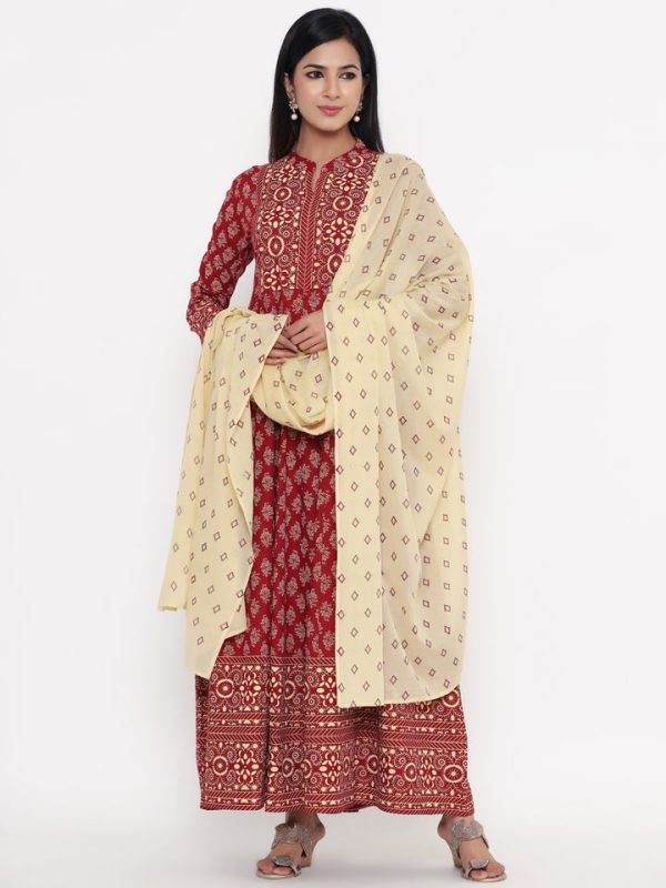 Maroon Red Printed Long Kurta with Dupatta