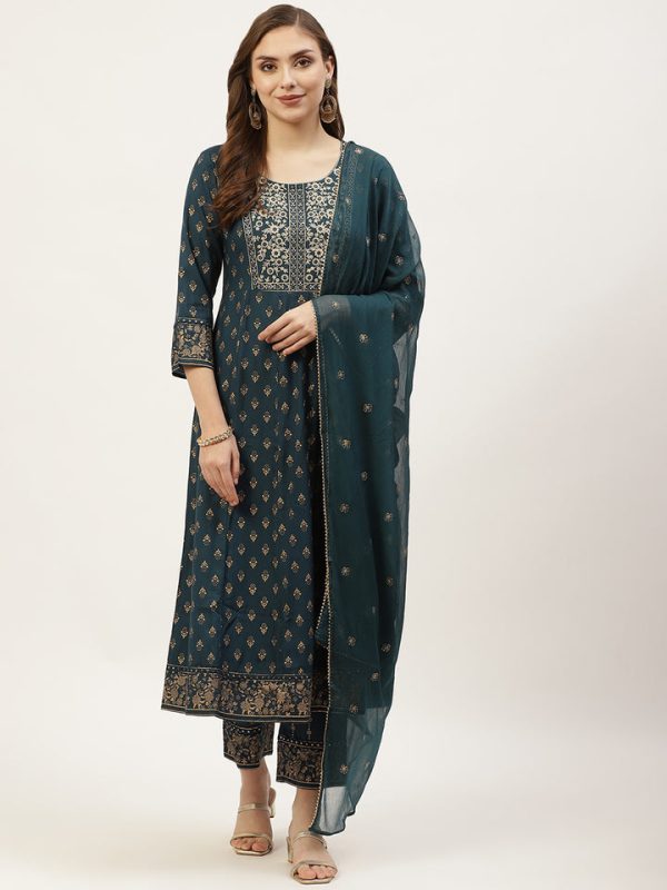 Darkgreen Printed Anarkali Palazzo & Dupatta