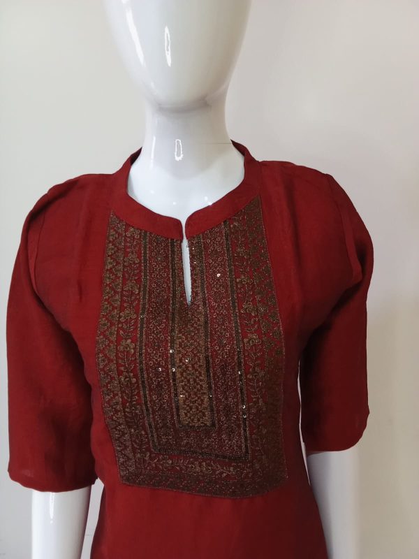 Dark Red Yoke Design Kurta - Image 2