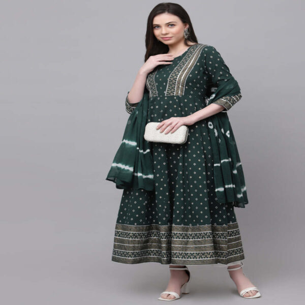 Elegant Dark Green Top with Batik Dupatta Set