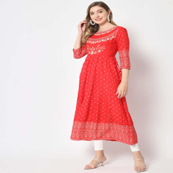 Red Gold Printed Regular Kurta - Image 4