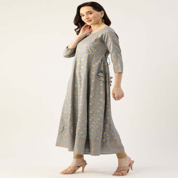 Elegant Grey Gold Printed Long Top - Image 4