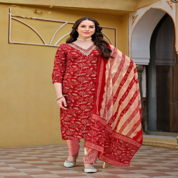 Elegant Red Rayon Foil Printed Kurta Set