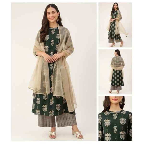 Green Chanderi Printed Kurta Set