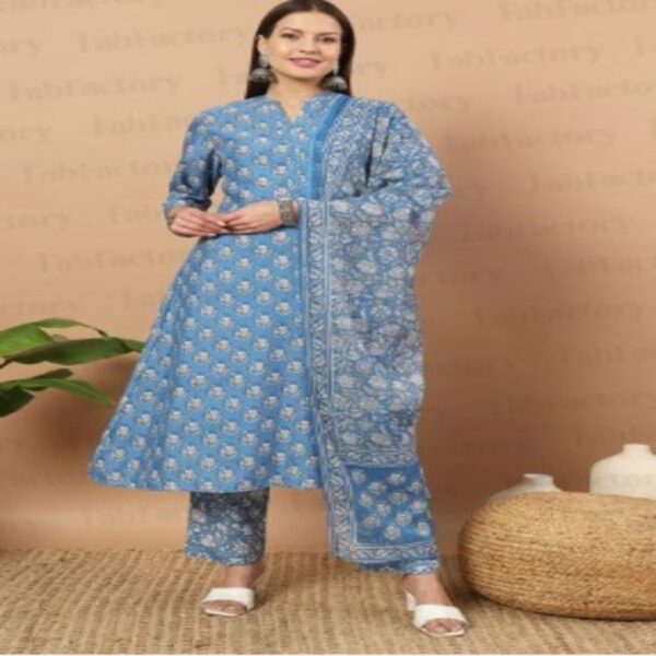 Elegant Blue Floral Printed Kurta Set (3pcs)